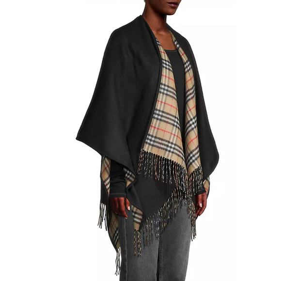 NEW Burberry black plaid reversible poncho cape shawl fringe wool NWT! - Picture 3 of 9